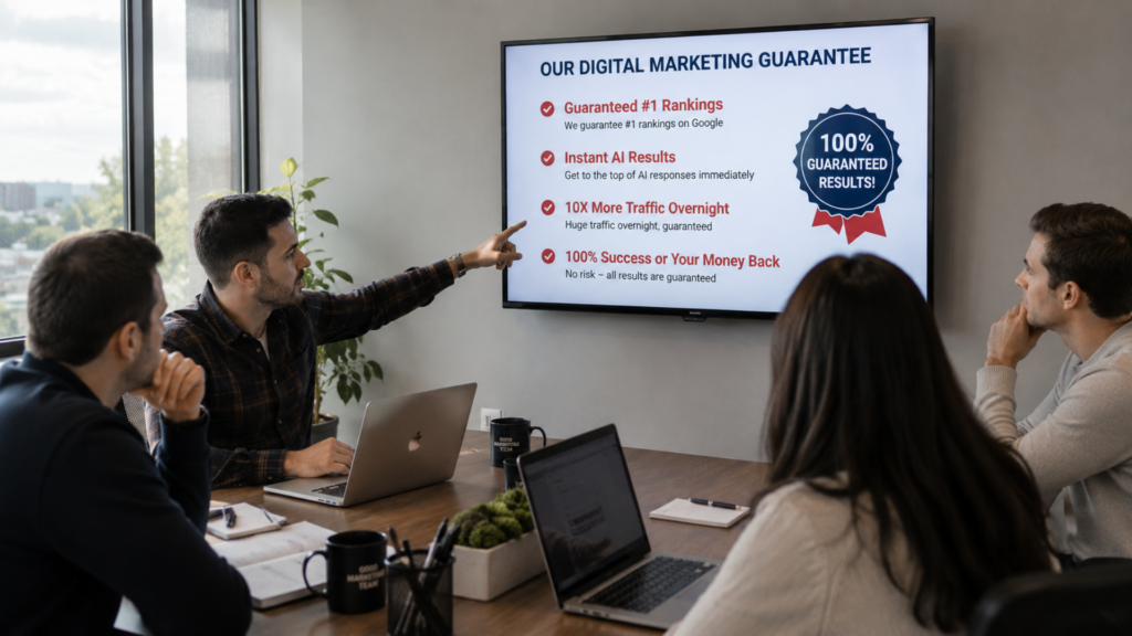 Business team reviewing unrealistic SEO promises during a marketing agency meeting.
