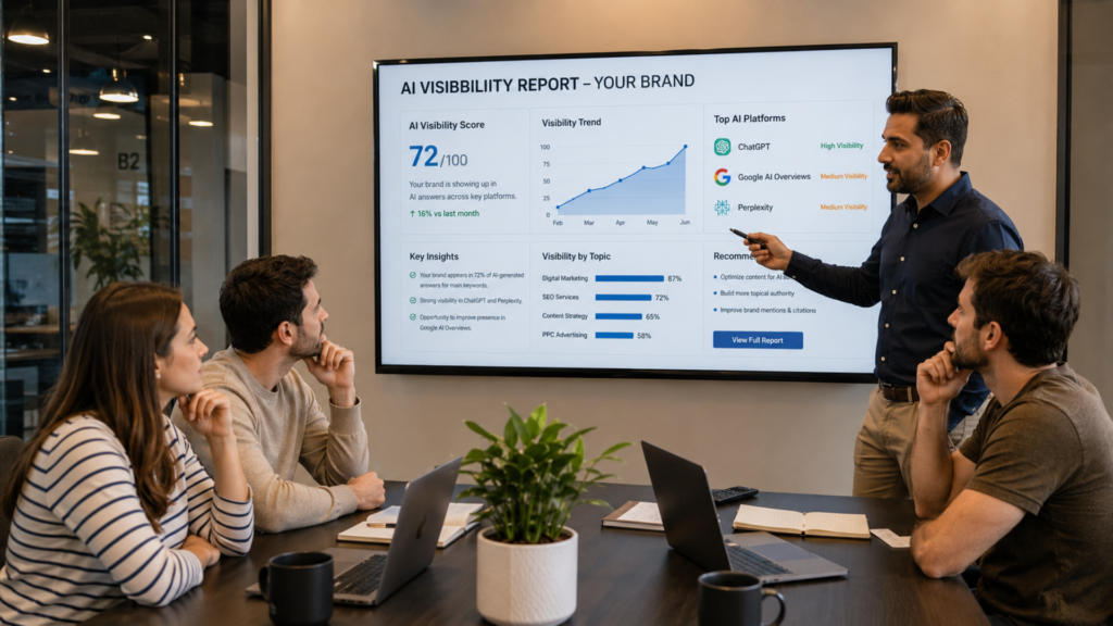  Marketing consultant presenting an AI visibility audit report to a Seattle business team.
