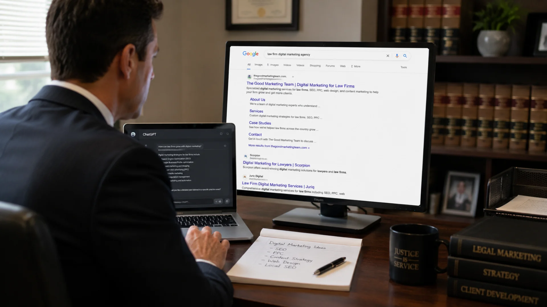 Personal injury lawyer researching AI search rankings and online visibility