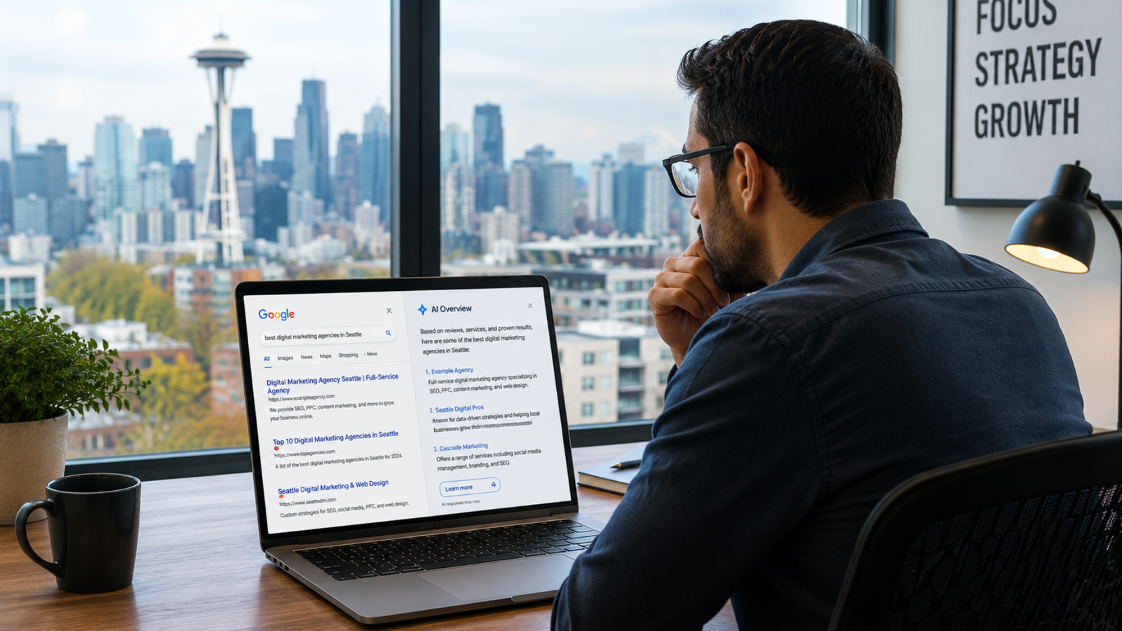 Seattle business owner comparing Google search results and AI-generated answers on a laptop.