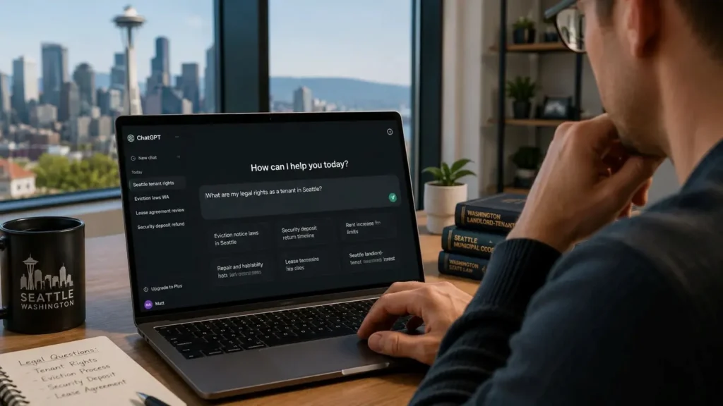 Seattle resident using AI search tools to find legal advice and attorney recommendations